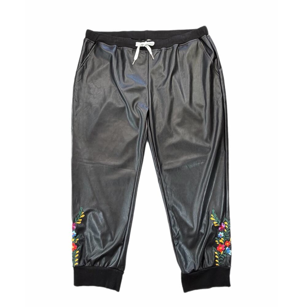 Layerz PLUS NEW Black Floral Embroidered Faux Leather Streetwear Jogger Pants